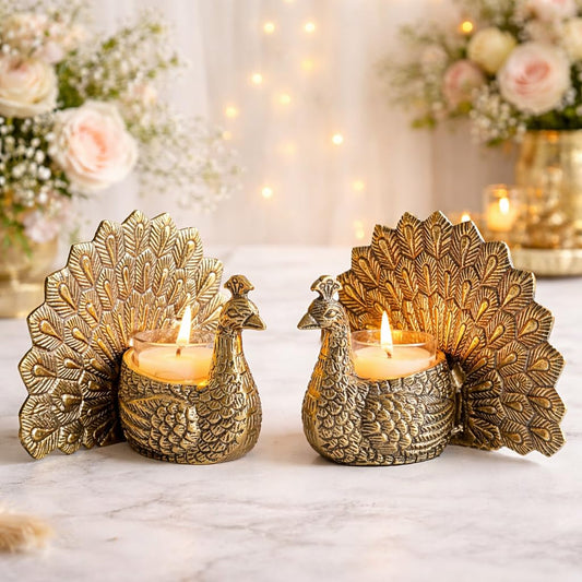 Luxury Aluminium Peacock Candle Holder Set – Antique Gold Metal Peacock Tealight Holder for Home Decor, Wedding Table Centerpiece & Diwali Decoration