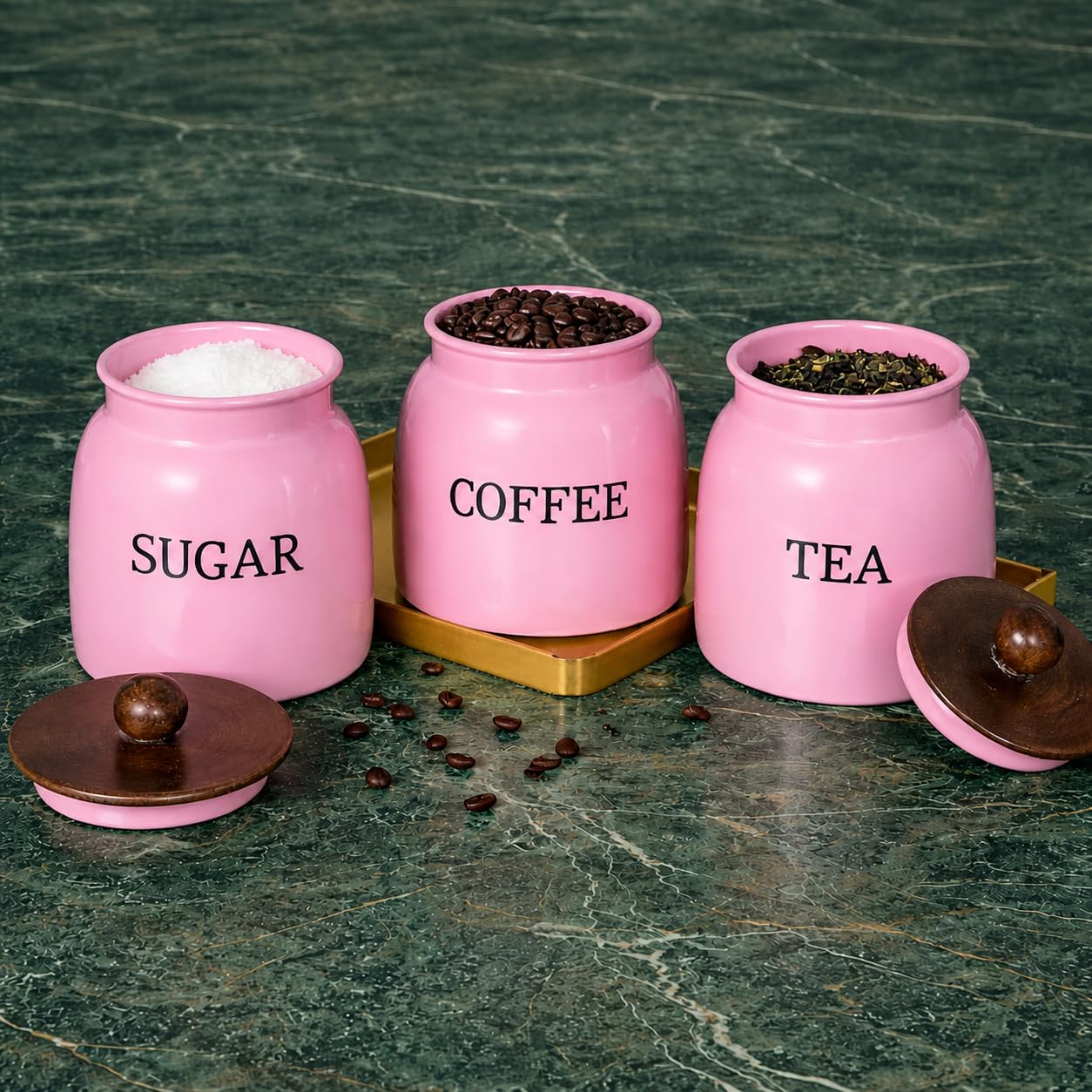 Premium Metal Kitchen Storage Container Set of 3 (Pink) | Tea Coffee Sugar Canisters with Airtight Lids | Decorative Countertop Organizer Jars for Home & Kitchen