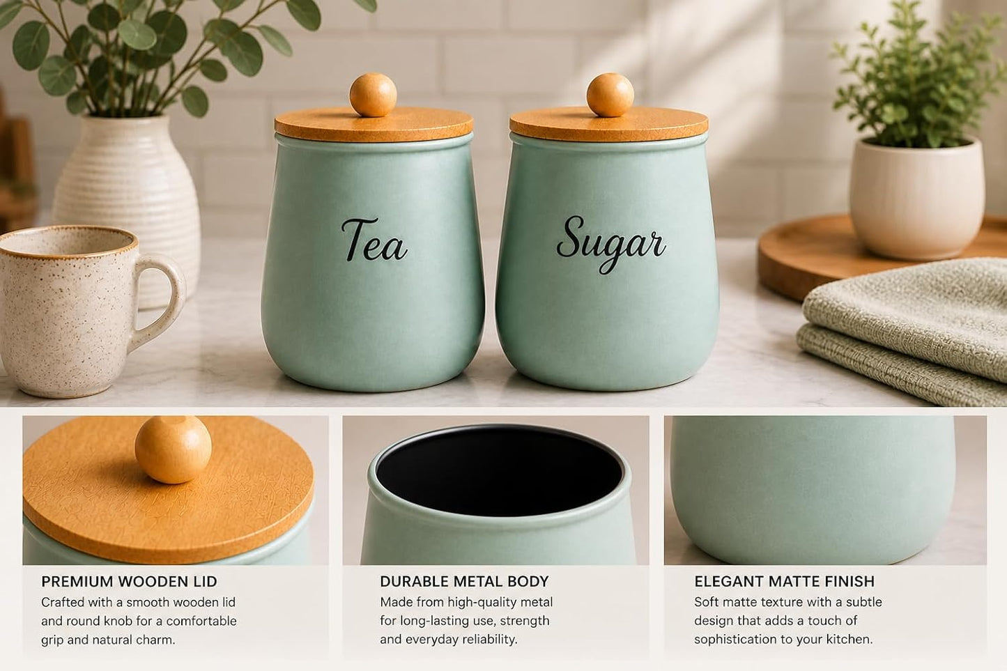 Teal Metal Tea Sugar Container Set | Airtight Kitchen Storage Canister with Wooden Lid | Aqua Green Tea Coffee Sugar Holder | Modern Countertop Organizer for Home Kitchen