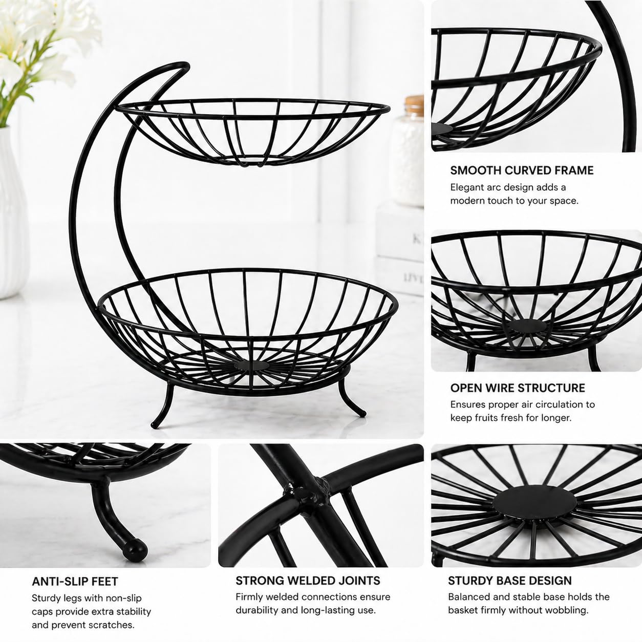 2 Tier Fruit Basket Stand – Space Saving Metal Wire Fruit Holder for Kitchen Counter, Stylish Storage Organizer