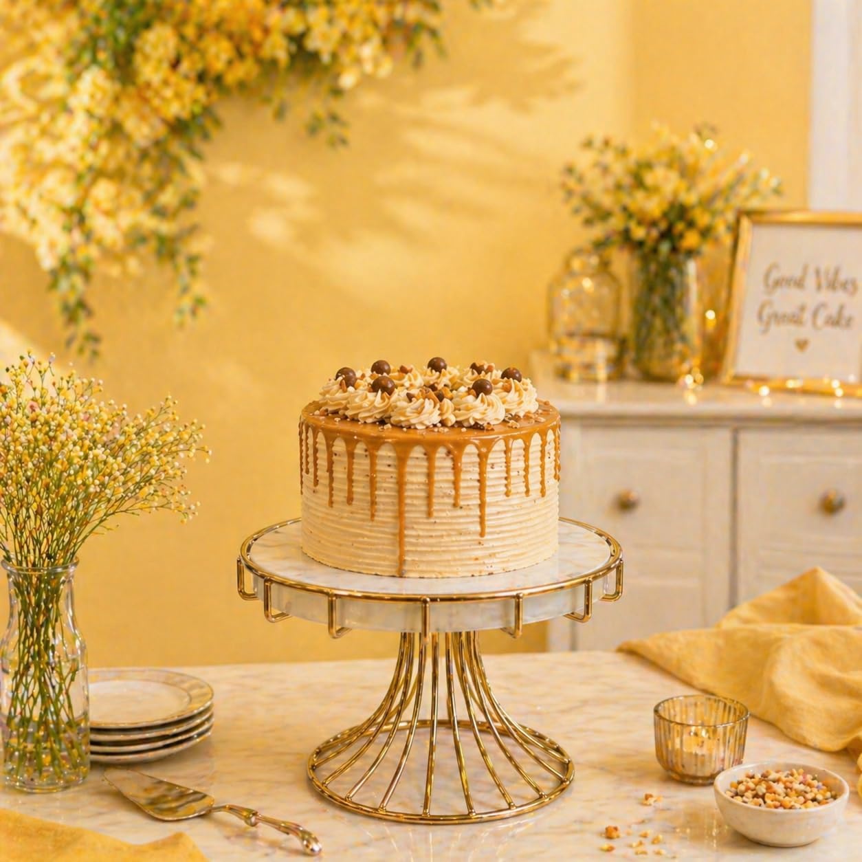 Premium White Cake Stand with Gold Finish Base | Round Dessert Serving Stand | Stylish Pedestal Display for Cakes & Cupcakes