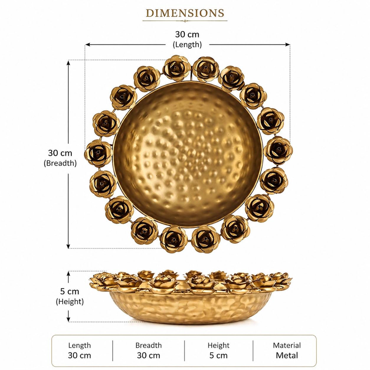 Elegant Floral Urli Bowl with Diyas – Luxury Decorative Metal Urli for Diwali, Pooja & Festive Home Decoration, Floating Candle Bowl, Rose Design Urli Centerpiece for Table & Mandir Decor