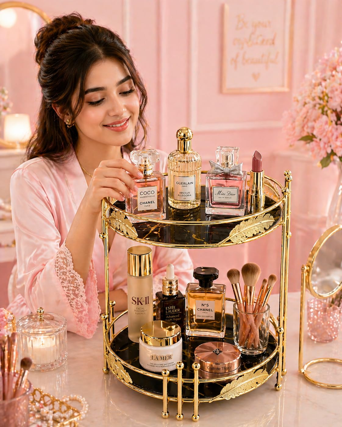 Elegant Black Vanity Organizer with Gold Metal Frame – Luxury 2 Tier Makeup & Skincare Storage Stand, Decorative Cosmetic Organizer for Perfume, Jewelry, Bathroom Counter & Dressing Table