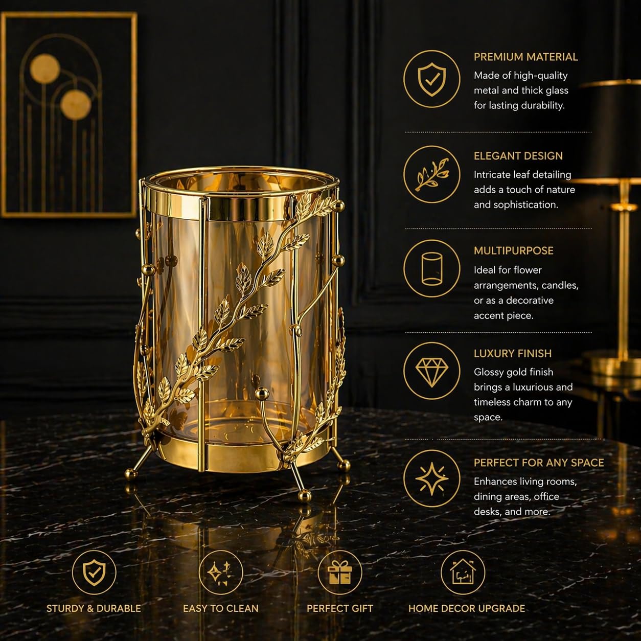 Luxury Floral Gold Vase with Decorative Leaf Design | Elegant Metal & Glass Flower Vase for Living Room, Dining Table & Premium Home Decor