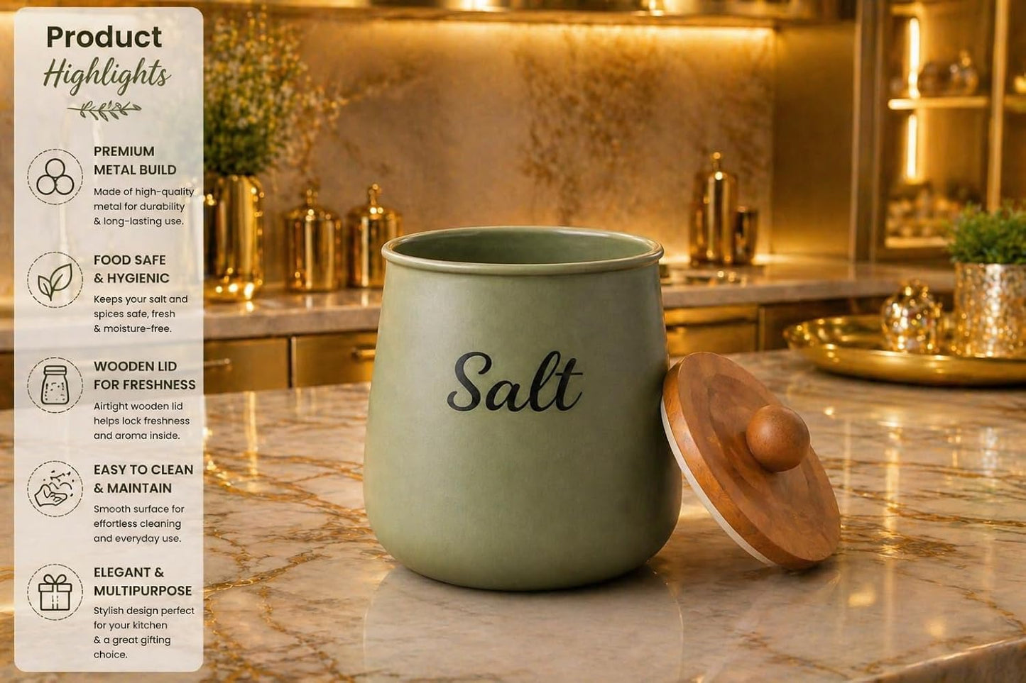 Teal Metal Salt Container with Wooden Lid – Aesthetic Kitchen Countertop Salt Storage, Modern  Decorative Salt Holder for Elegant Kitchen Organizer