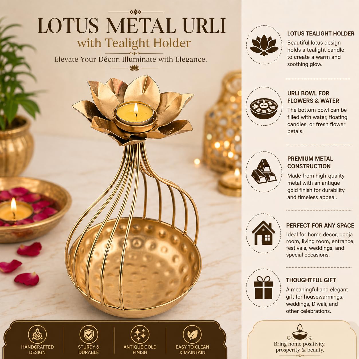 Elegant Metal Decorative Urli Bowl – Luxury Metal Urli for Floating Candles, Pooja Decoration, Festive Table Decor, Spiritual Home Accent & Diwali Decoration