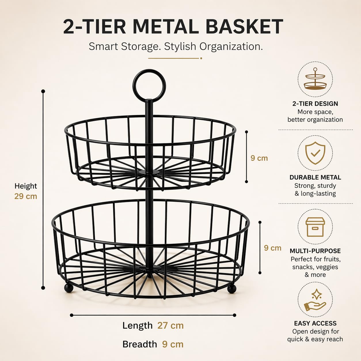 Modern 2 Tier Fruit Basket Stand – Metal Wire Fruit Holder for Kitchen Countertop | Multi-Purpose Storage Basket
