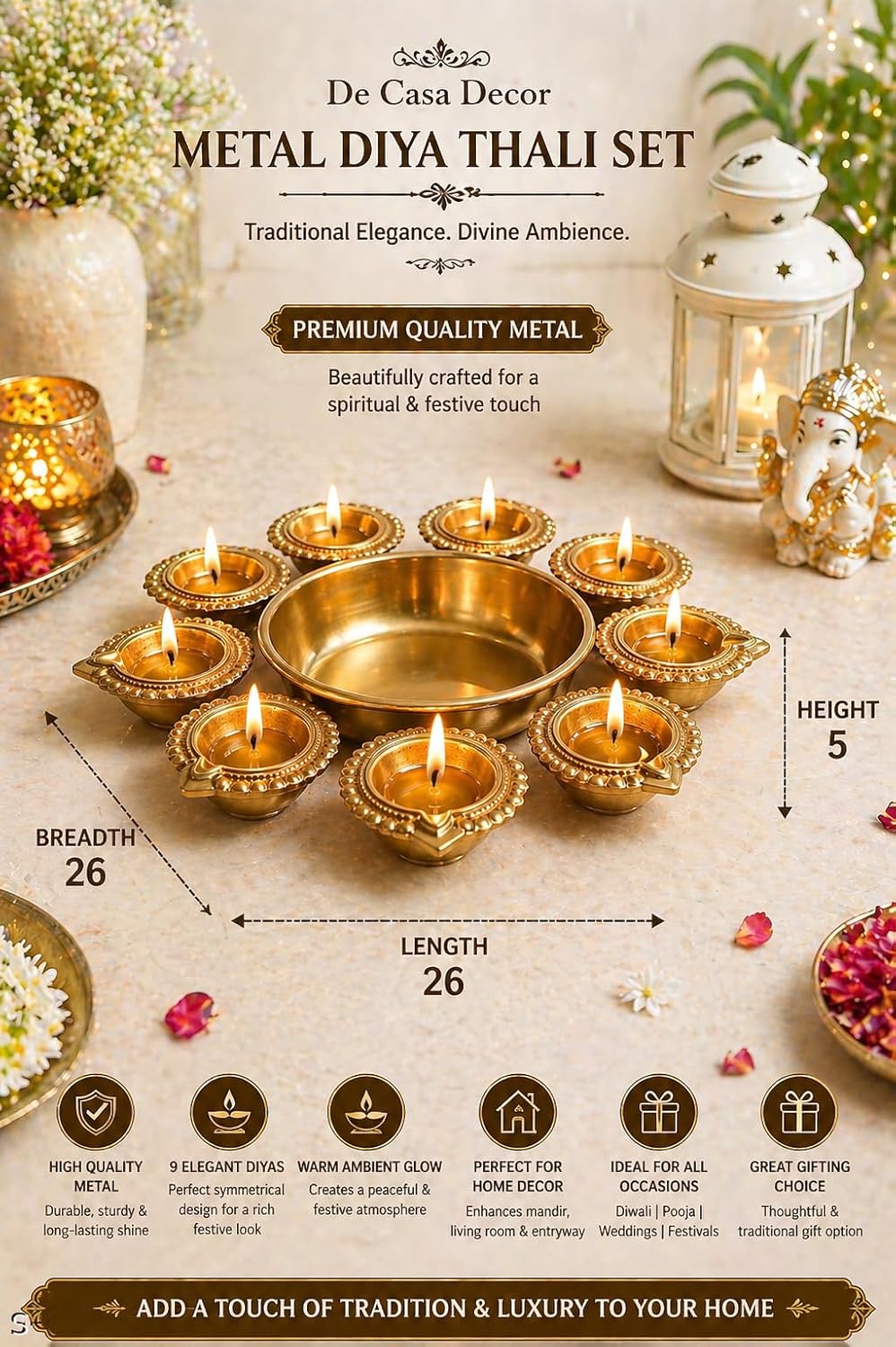 Premium Urli Diya Set for Diwali & Pooja Decoration – Elegant Metal Diya Thali Set with Decorative Diyas for Home Temple, Festive Table Decor, Floating Flower Urli & Traditional Festival Decoration