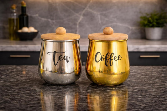 Metal Tea Coffee Storage Container Set with Wooden Lid | Airtight Kitchen Jar Set for Sugar, Tea & Coffee | Modern Home Decor Canister Set
