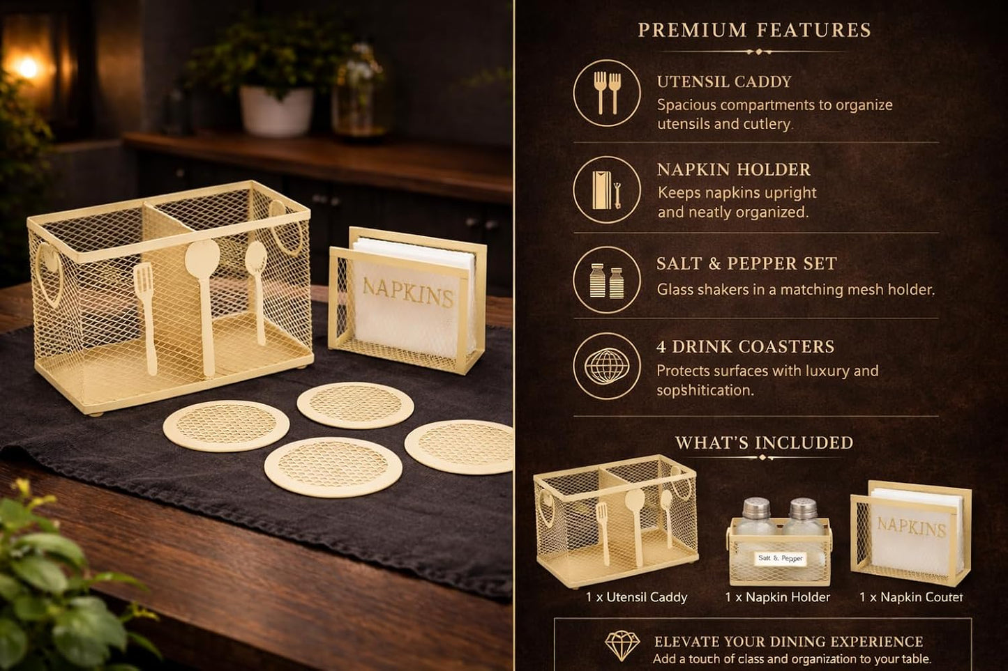 Premium Cream  Metal Cutlery Holder Set for Kitchen & Dining Table | Mesh Kitchen Organizer with Napkin Holder, Salt Pepper Stand & Coasters | Modern Countertop Storage Basket for Spoon Fork Accessories