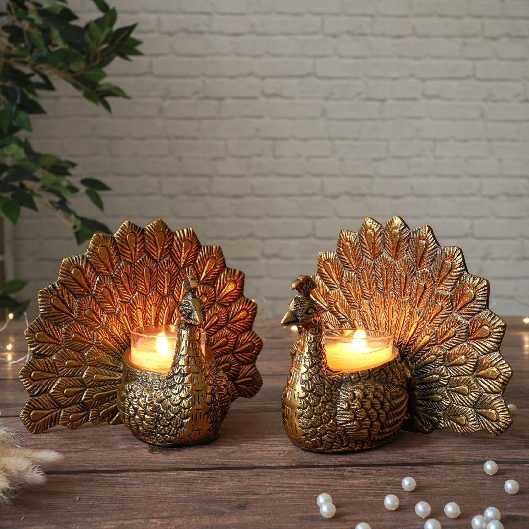 Luxury Aluminium Peacock Candle Holder Set – Antique Gold Metal Peacock Tealight Holder for Home Decor, Wedding Table Centerpiece & Diwali Decoration