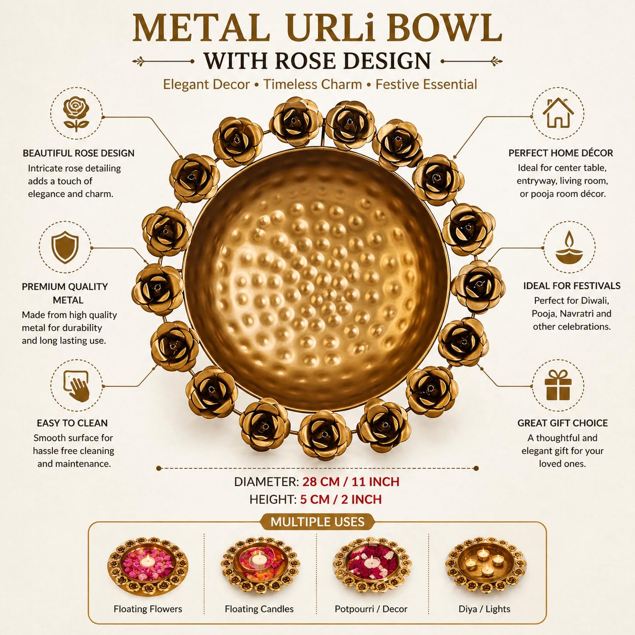 Elegant Floral Urli Bowl with Diyas – Luxury Decorative Metal Urli for Diwali, Pooja & Festive Home Decoration, Floating Candle Bowl, Rose Design Urli Centerpiece for Table & Mandir Decor