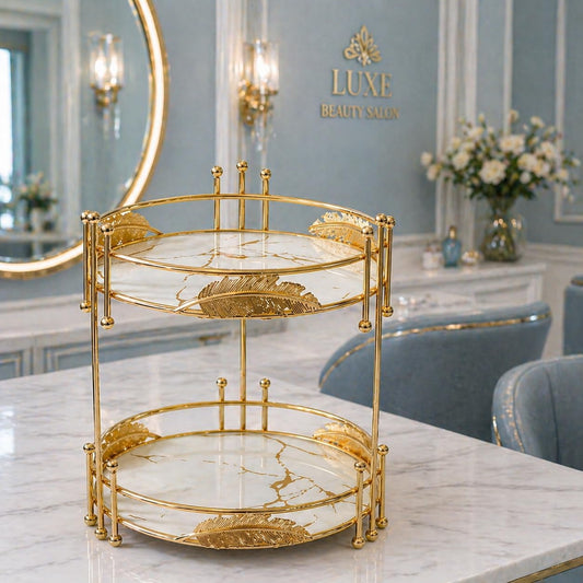 Luxury Metal Vanity Organizer for Makeup & Skincare Storage – Elegant 2 Tier Gold Cosmetic Display Stand, Decorative Countertop Beauty Organizer for Perfume, Jewelry & Bathroom Vanity Accessories