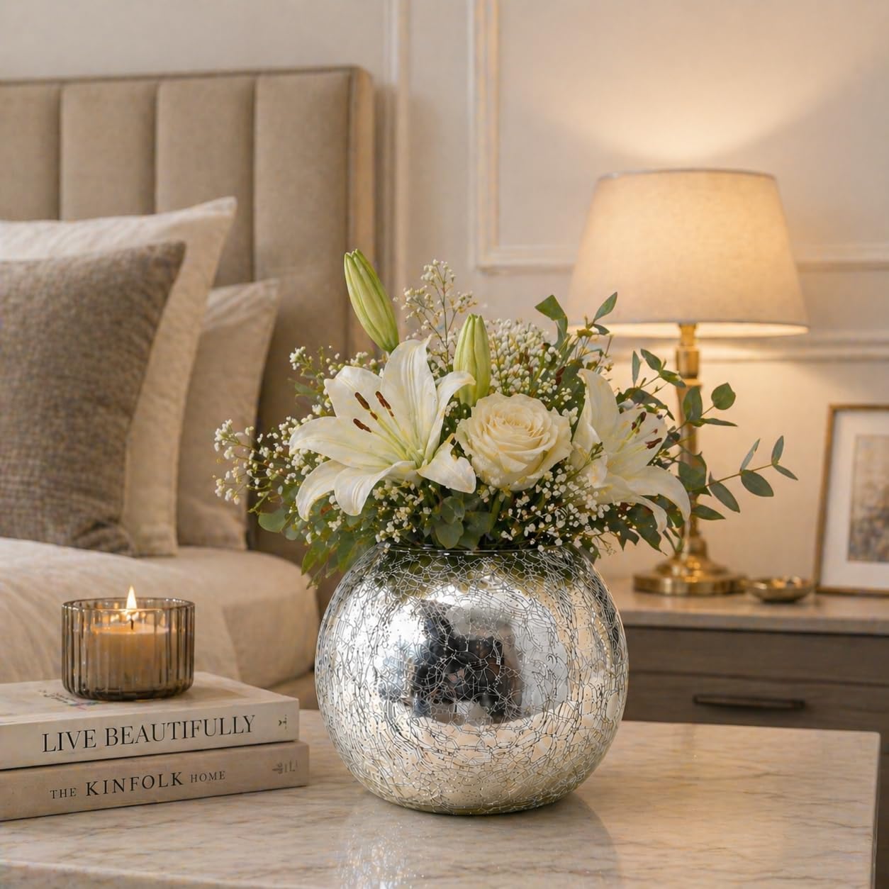 Luxury Silver Crackle Vase | Elegant Mercury Glass Decorative Vase for Modern Living Room & Contemporary Home Decor
