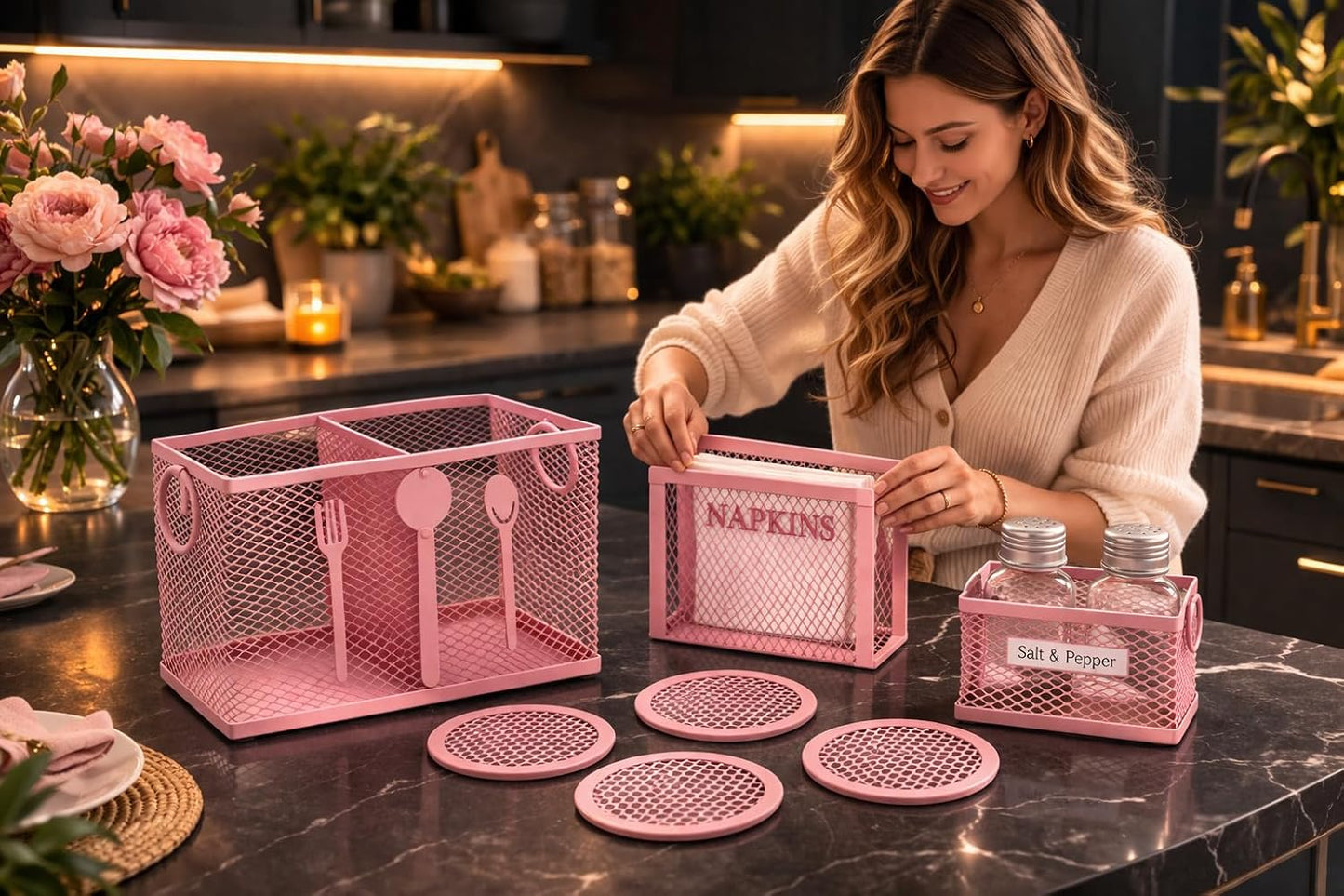 Pink Metal Cutlery Holder Set for Kitchen Counter & Dining Table | Modern Mesh Kitchen Organizer with Napkin Holder, Salt & Pepper Basket and Coasters | Stylish Pink Kitchen Accessories Storage Basket