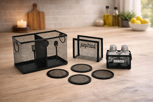 Metal Mesh Cutlery Holder Set for Kitchen & Dining Table | Multipurpose Kitchen Organizer Basket with Napkin Holder, Salt Pepper Holder & Coasters | Modern Black Metal Kitchen Accessories Combo