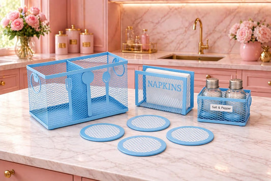Sky Blue Metal Cutlery Holder Set for Kitchen & Dining Table | Modern Mesh Organizer with Napkin Stand, Salt Pepper Holder & Coasters | Decorative Countertop Storage Basket for Spoon Fork Accessories