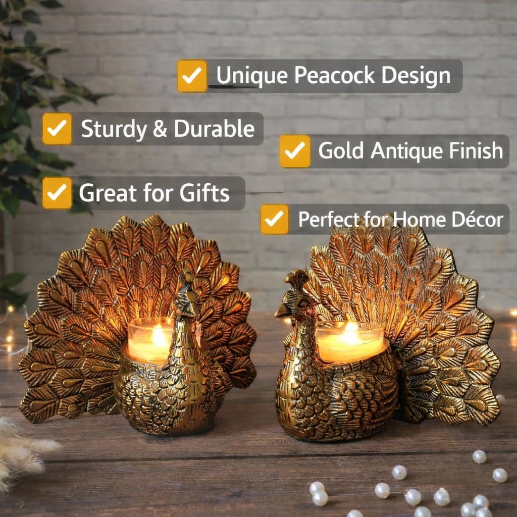 Luxury Aluminium Peacock Candle Holder Set – Antique Gold Metal Peacock Tealight Holder for Home Decor, Wedding Table Centerpiece & Diwali Decoration