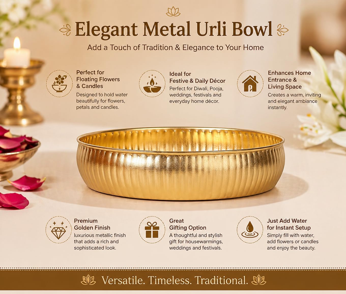 Luxury Decorative Bowl for Home & Table Decor – Elegant Gold Metal Serving Bowl for Floating Flowers, Candles, Potpourri, Centerpiece Decoration & Modern Dining Display
