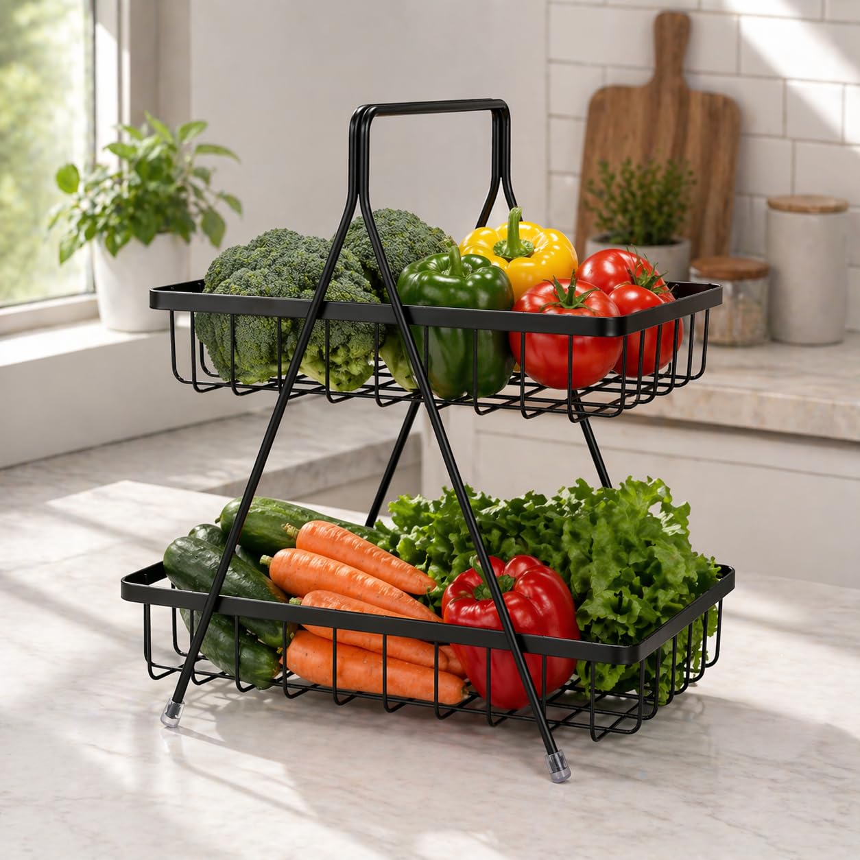 2 Tier Metal Kitchen Basket Stand – Black Countertop Organizer Rack, Fruit & Vegetable Storage, Multipurpose Space Saving Wire Basket for Kitchen & Pantry