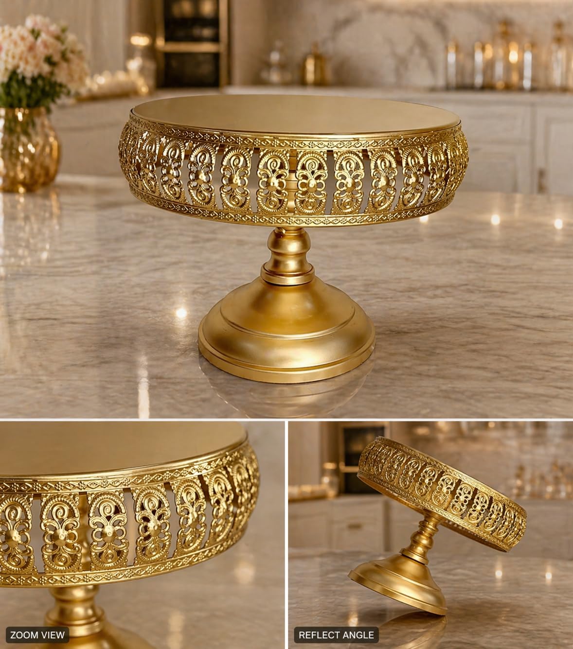 Antique Metal Cake Stand | Vintage Gold Pedestal Dessert Display | Ornate Engraved Royal Serving Platter for Wedding & Festive Styling
