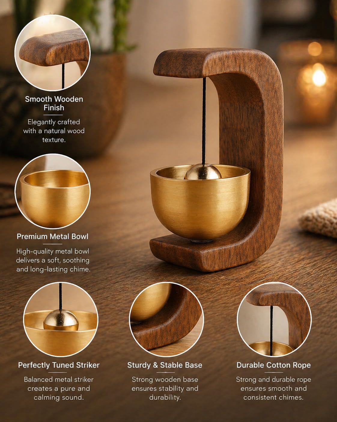 Luxury Wooden Wind Chime Bell for Meditation & Home Decor | Elegant Zen metal  Bell Ornament with Minimalist Wooden Design