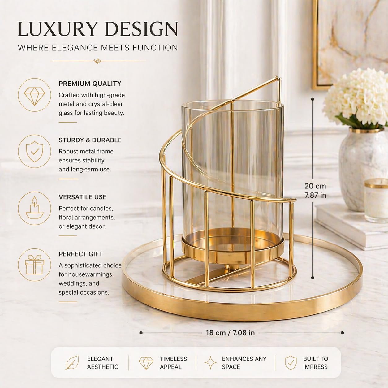 Luxury Spiral Gold Metal Vase with Clear Glass | Elegant Modern Decorative Flower Vase for Living Room, Dining Table & Premium Home Decor