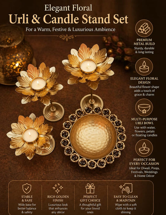 Luxury Metal Urli Set with Lotus Candle Holders | Elegant Decorative Metal Urli for Diwali, Pooja, Floating Flower Decoration, Festive Table Centerpiece & Spiritual Home Decor