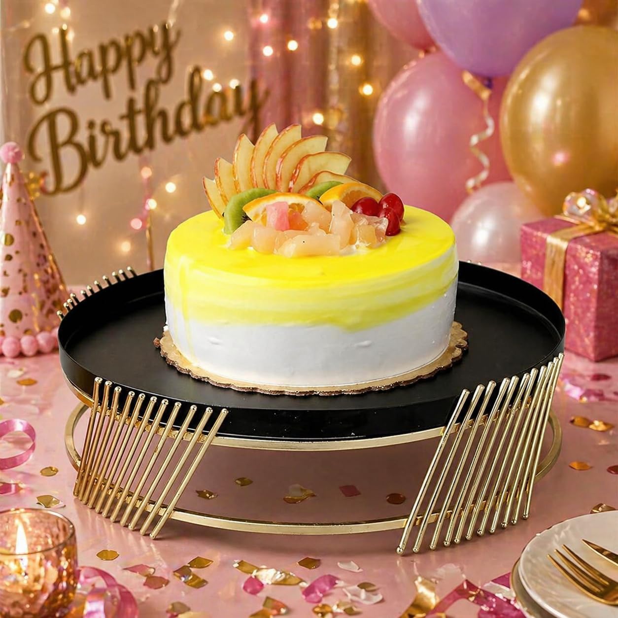 Luxury Metal Cake Stand | Black Round Dessert Display with Gold Finish Base | Elegant Serving Tray for Wedding, Birthday & Home Décor