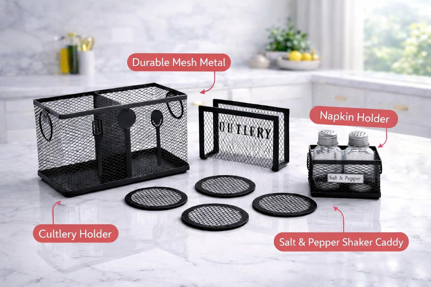 Metal Mesh Cutlery Holder Set for Kitchen & Dining Table | Multipurpose Kitchen Organizer Basket with Napkin Holder, Salt Pepper Holder & Coasters | Modern Black Metal Kitchen Accessories Combo