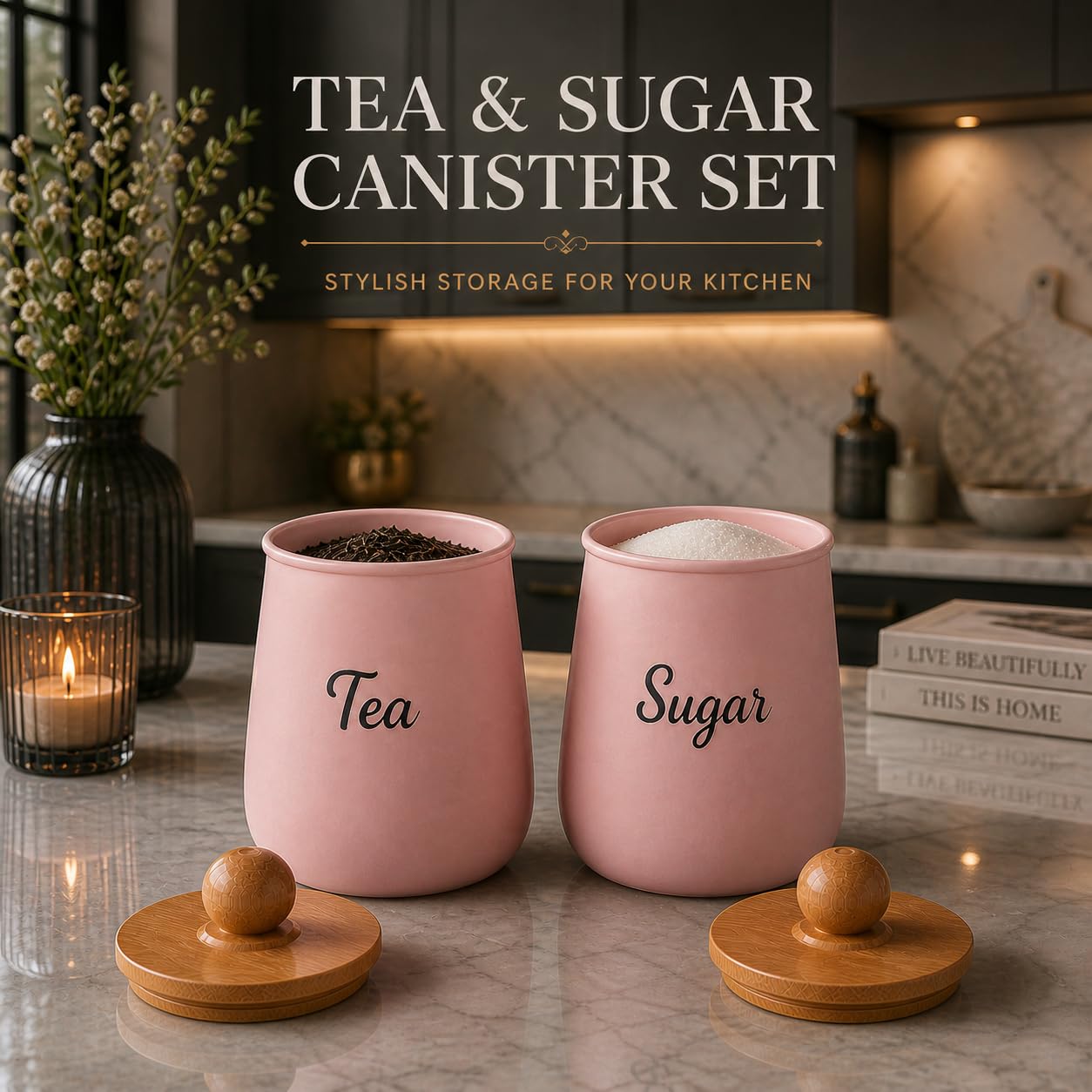 Pink Metal Tea Sugar Container Set | Airtight Kitchen Storage Canister with Wooden Lid | Tea Coffee Sugar Holder | Decorative Countertop Organizer for Modern Kitchen
