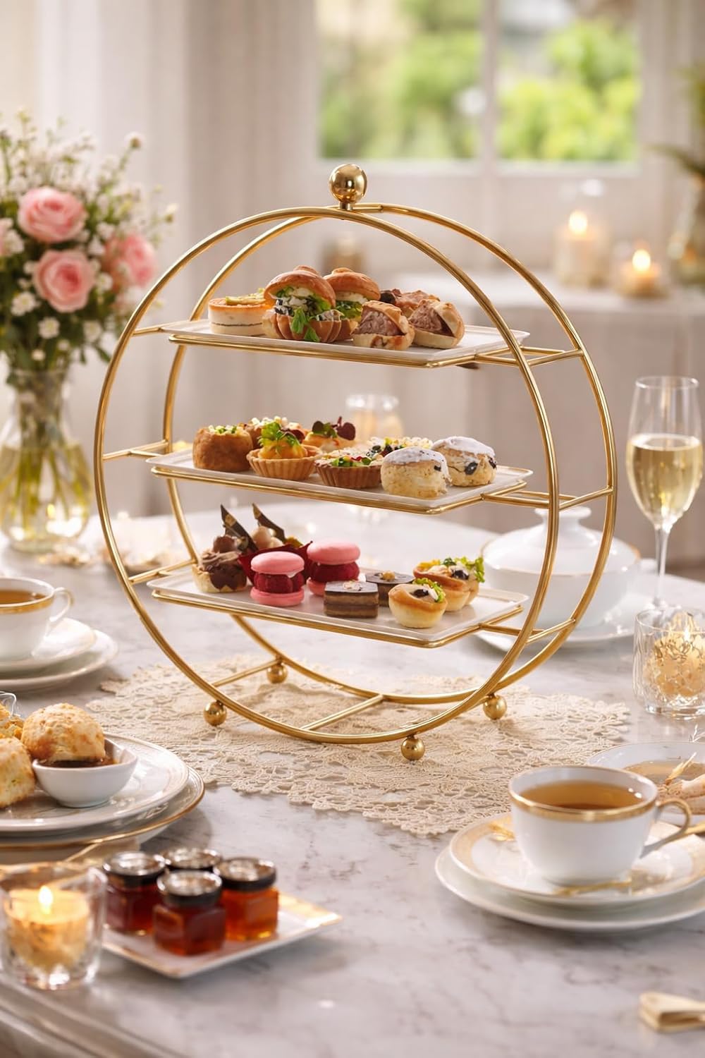 3 Tier Metal Cake Stand | Gold Round Dessert Display Stand | Multi Layer Cupcake & Pastry Serving Stand | Elegant Party, Wedding & Birthday Cake Holder
