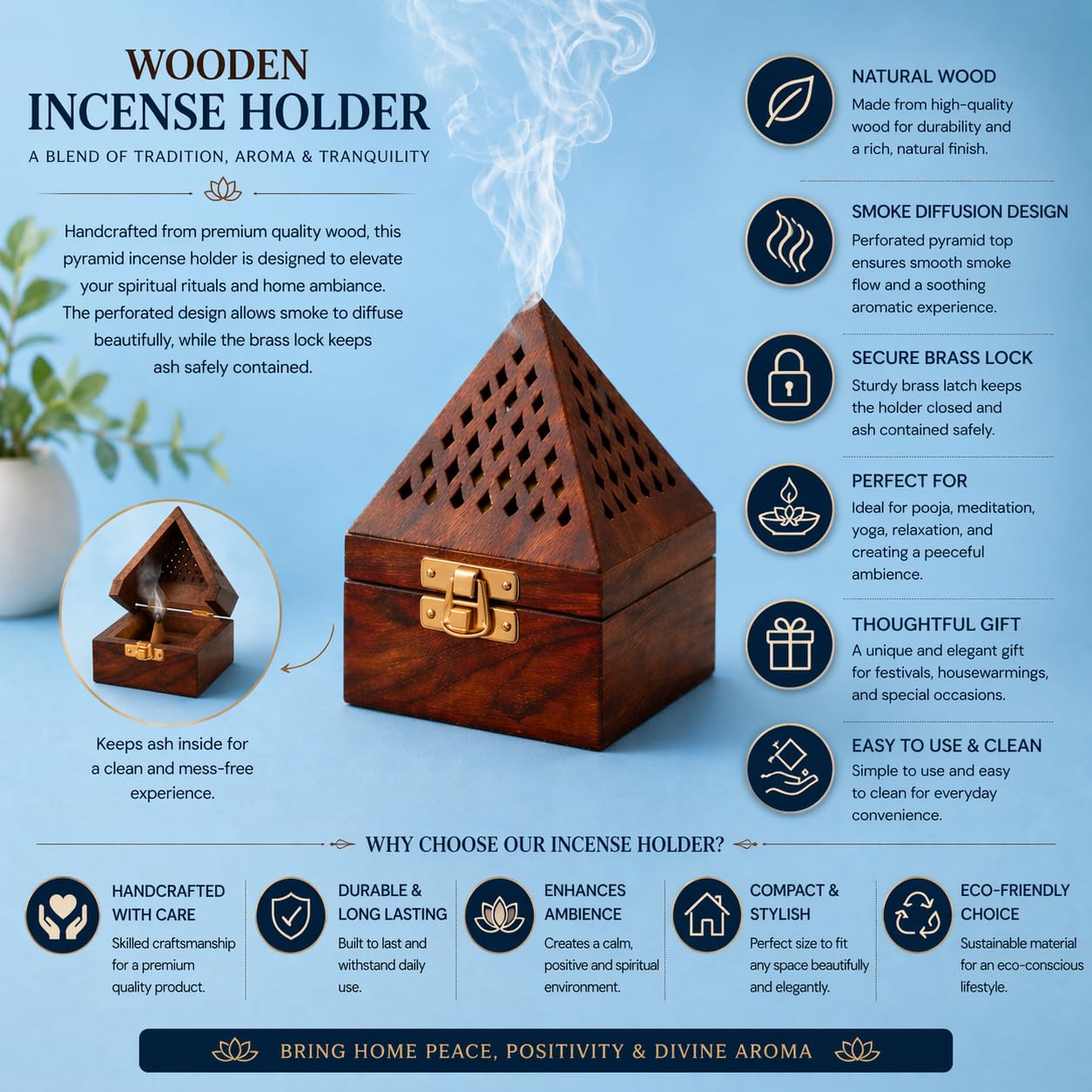 Wooden Incense Holder Box with Pyramid Design | Decorative Agarbatti Burner & Dhoop Stand for Home, Meditation and Puja Room | Aromatherapy Wooden Smoke Diffuser with Ash Catcher Storage