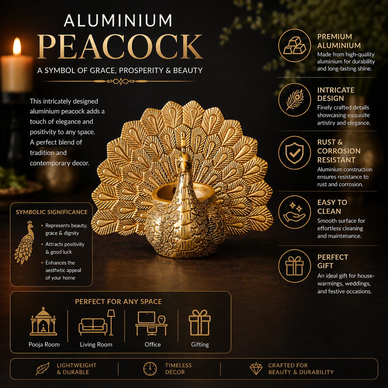 Aluminium Peacock Candle Holder – Antique Gold Embossed Metal Tealight Stand, Royal Peacock Diya for Diwali, Wedding & Elegant Home Decor