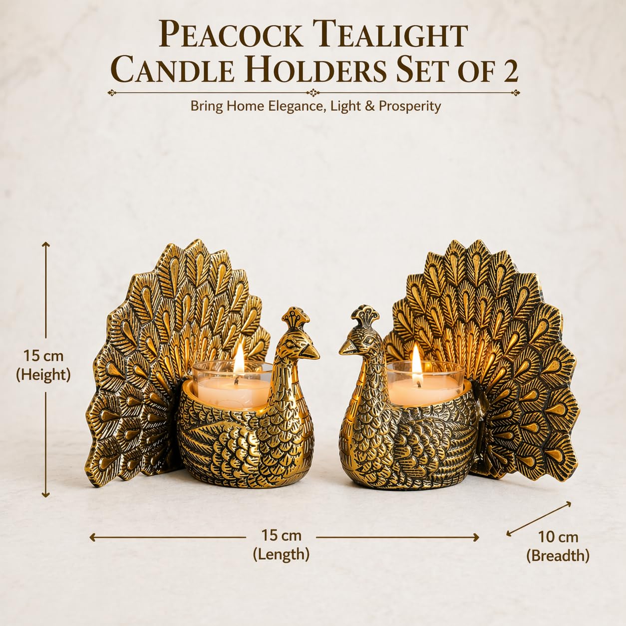 Luxury Aluminium Peacock Candle Holder Set – Antique Gold Metal Peacock Tealight Holder for Home Decor, Wedding Table Centerpiece & Diwali Decoration