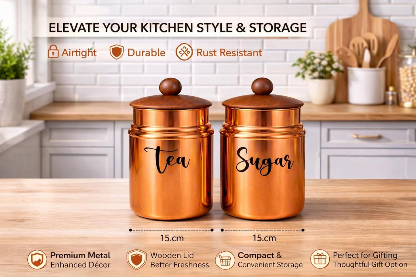 Metal Tea & Sugar Storage Container Set of 2 with Wooden Lid | Airtight Kitchen Canisters | Copper Finish Kitchen Storage Jars