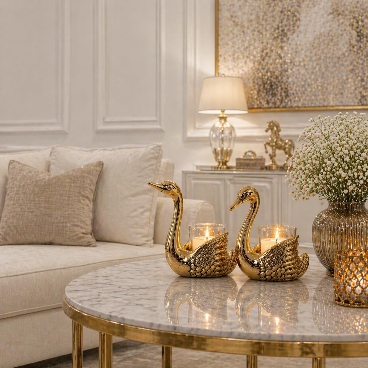 Elegant Aluminium Swan Candle Holder Set – Antique Gold Metal Swan Tealight Holder for Living Room Decor, Wedding Table Centerpiece & Romantic Home Decoration