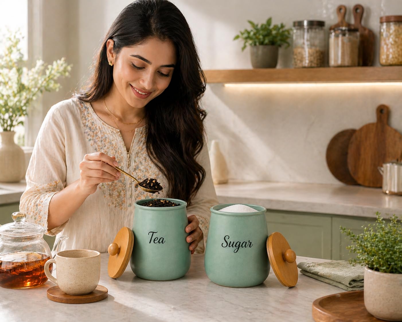 Teal Metal Tea Sugar Container Set | Airtight Kitchen Storage Canister with Wooden Lid | Aqua Green Tea Coffee Sugar Holder | Modern Countertop Organizer for Home Kitchen
