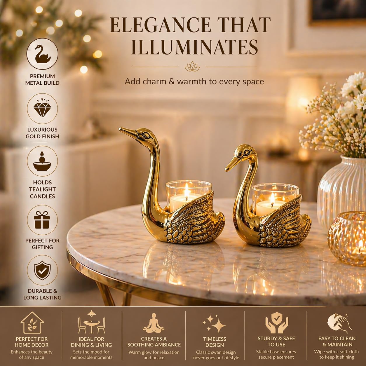 Elegant Aluminium Swan Candle Holder Set – Antique Gold Metal Swan Tealight Holder for Living Room Decor, Wedding Table Centerpiece & Romantic Home Decoration