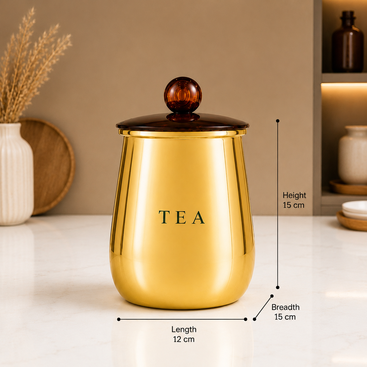 Premium Gold Metal Tea Coffee Sugar Storage Container Set of 3 with Decorative Knob Lids