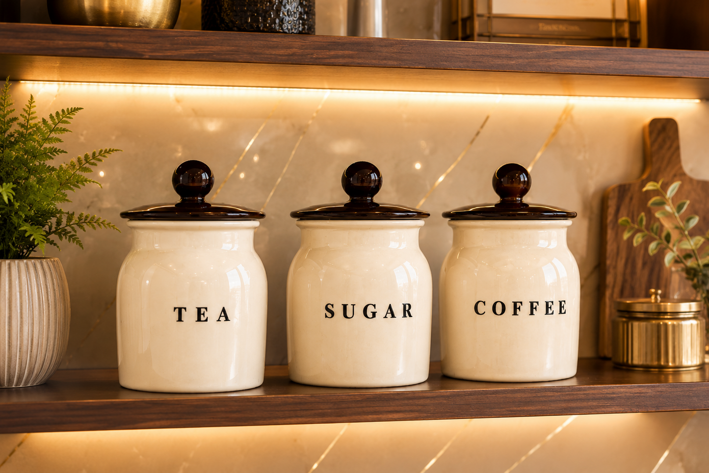 Metal Tea Sugar Coffee Container Set with Black Lids – Premium Kitchen Storage Canisters for Countertop, Pantry & Tea Coffee Station