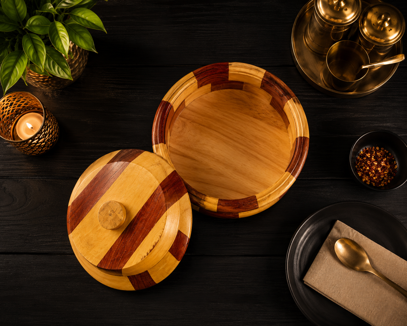 Premium Dual-Tone Wooden Roti Box with Lid for Chapati, Paratha and Bread Storage