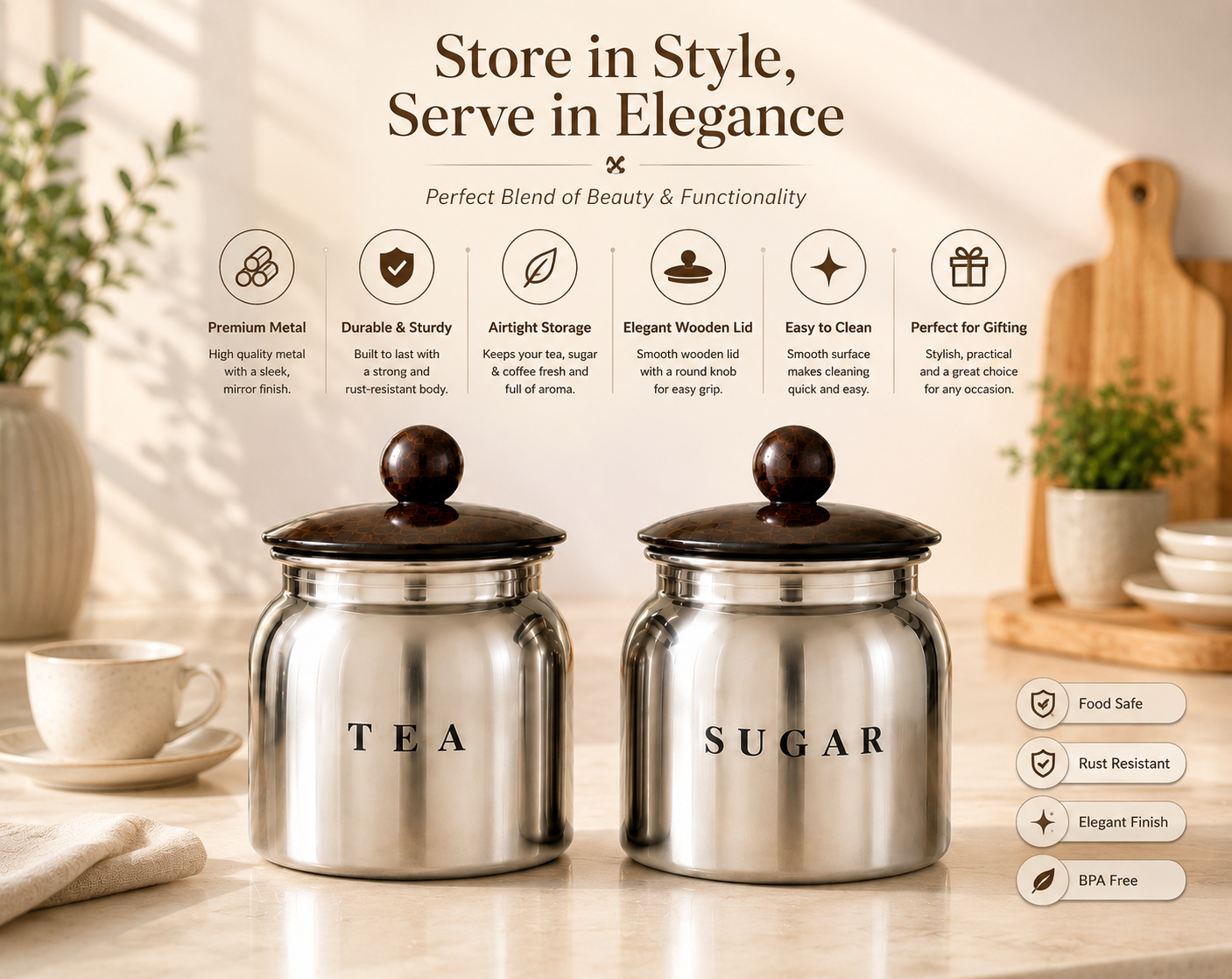 Glossy Silver Metal Tea Sugar Container Set with Wooden Look Lids – Premium Kitchen Storage Canisters for Countertop, Pantry & Tea Station