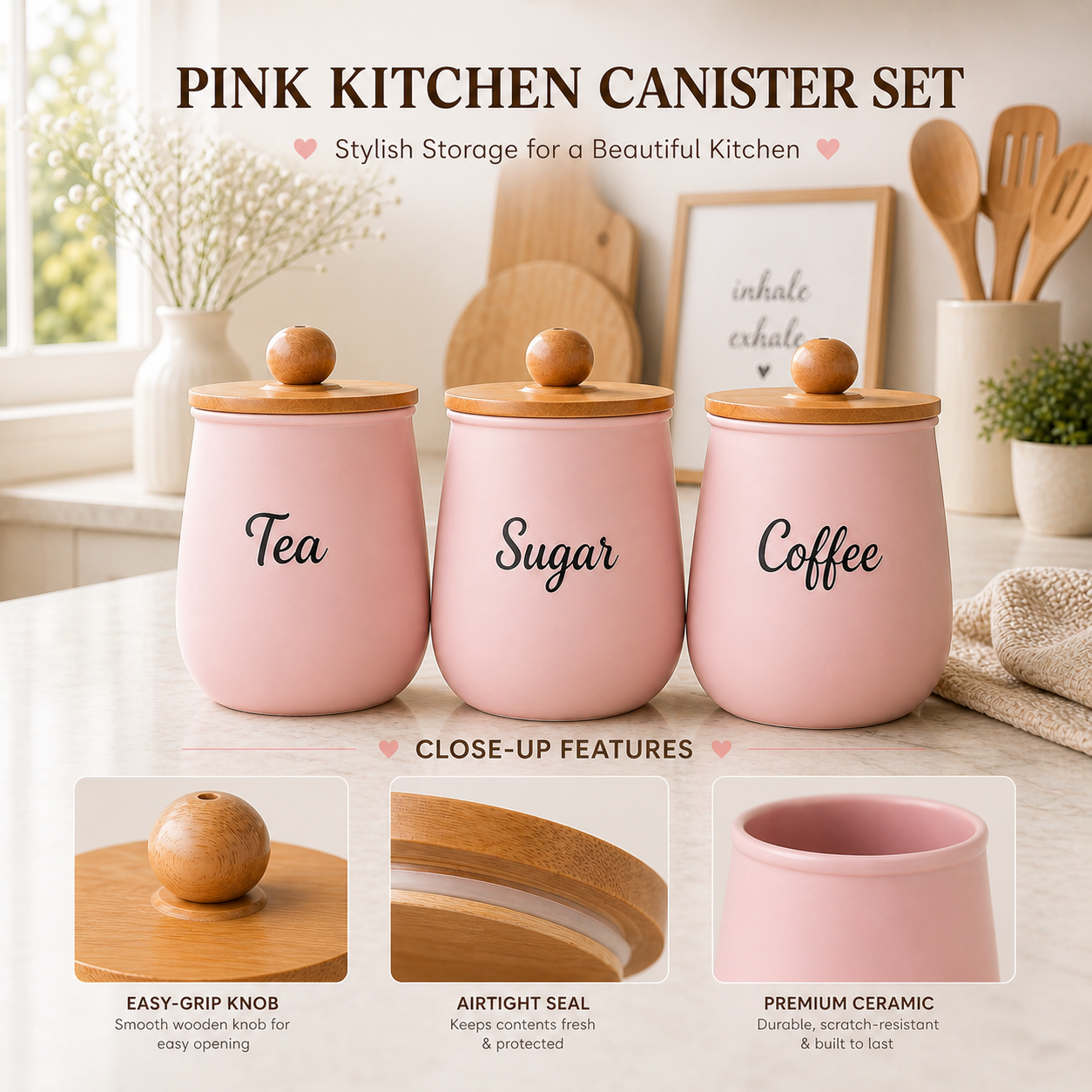 Pink Kitchen Canister Set with Wooden Lids