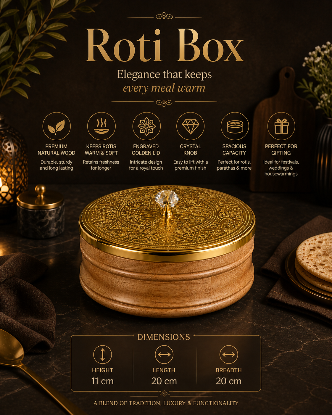 Natural Wood Roti Box with Luxury Designer Lid | Handcrafted Wooden Chapati Storage Container for Kitchen & Dining Table | Premium Bread Keeper and Insulated Flatbread Serving Box for Fresh Rotis