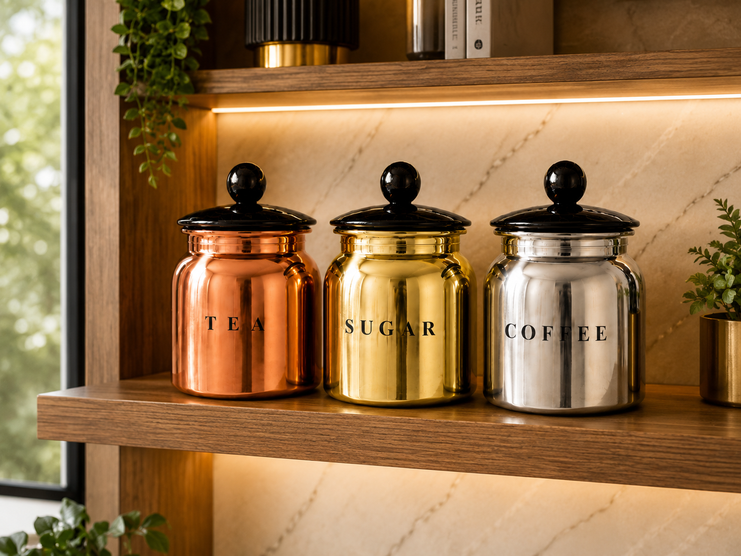 Multi Metal Tea Sugar Coffee Canister Set with Black Lids – Premium 3 Piece Kitchen Storage for Countertop, Pantry & Coffee Station