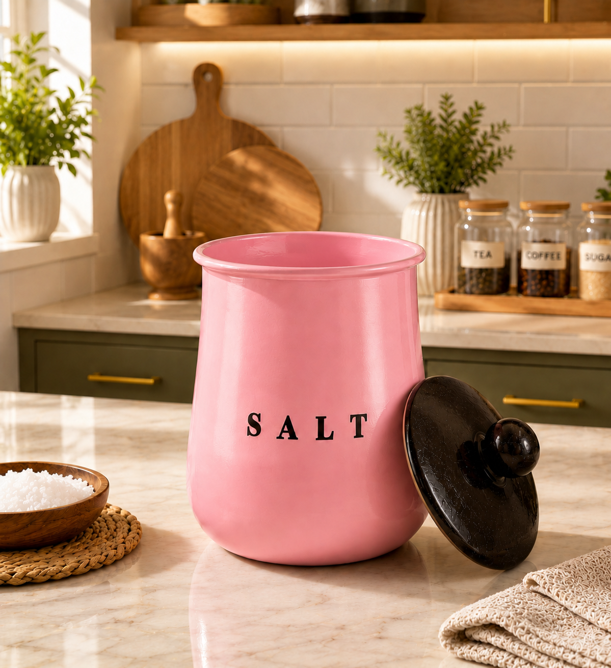 Glossy Pink Metal Salt Container with Black Lid – Stylish Kitchen Countertop Salt Storage Canister for Pantry, Spices & Masala