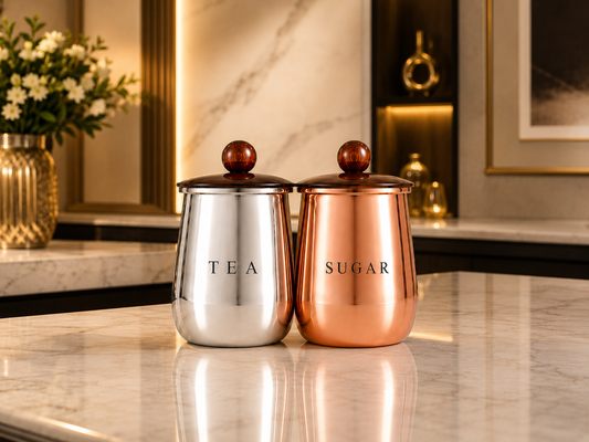 Premium Silver and Copper-Finish Metal Tea Sugar Storage Container Set of 2 with Decorative Knob Lids