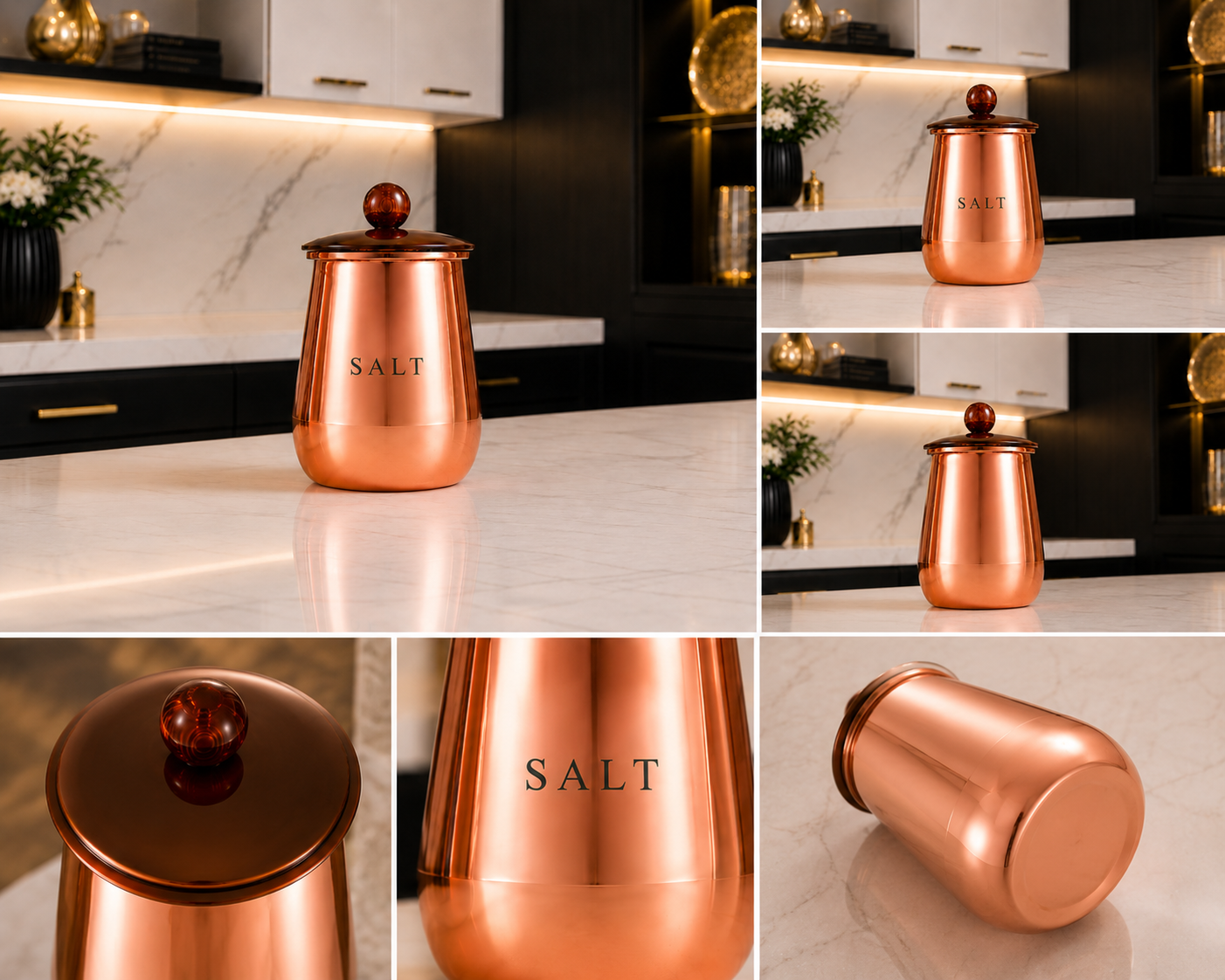Premium Copper-Finish Metal Salt Storage Container with Decorative Knob Lid for Kitchen