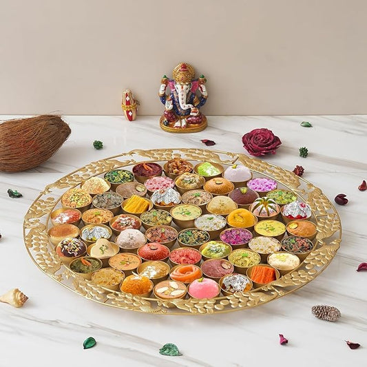 Premium Metal Pooja Thali Set with 56 Bhog Bowls | Decorative Ganesh Ji Festival Thali for Diwali, Navratri, Wedding & Home Temple Decoration | Traditional Indian Puja Serving Platter